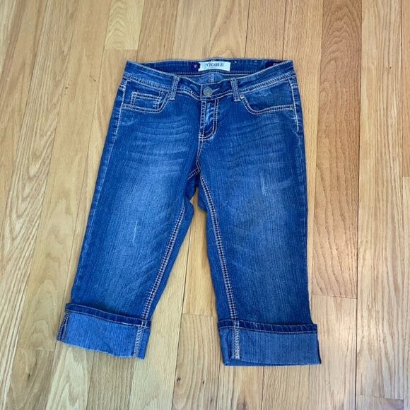 Vigold Pants - VIGOLD Shorts Bermuda Denim Mid Rise Cuffed Embroidered Back Pockets Y2K (28)